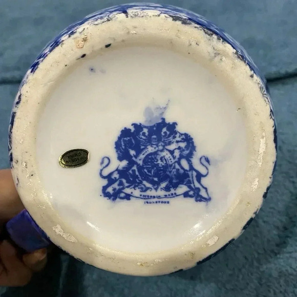 Vintage Victoria Ware Ironstone Pitcher Calico Blue White Floral Flow Blue 6in - Picture 7 of 10